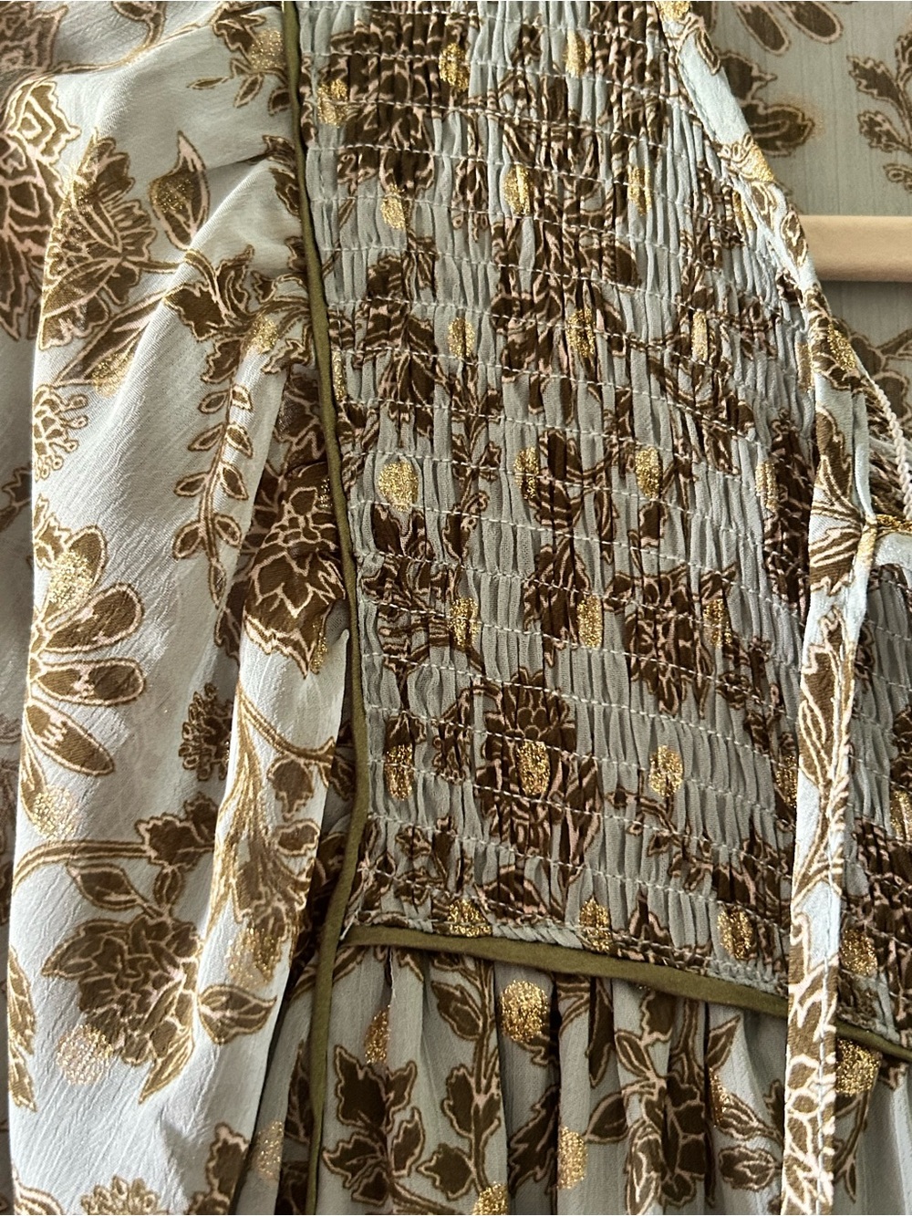 Olivaceous Sage Green Dress with Gold Floral Detail - Picture 3 of 5
